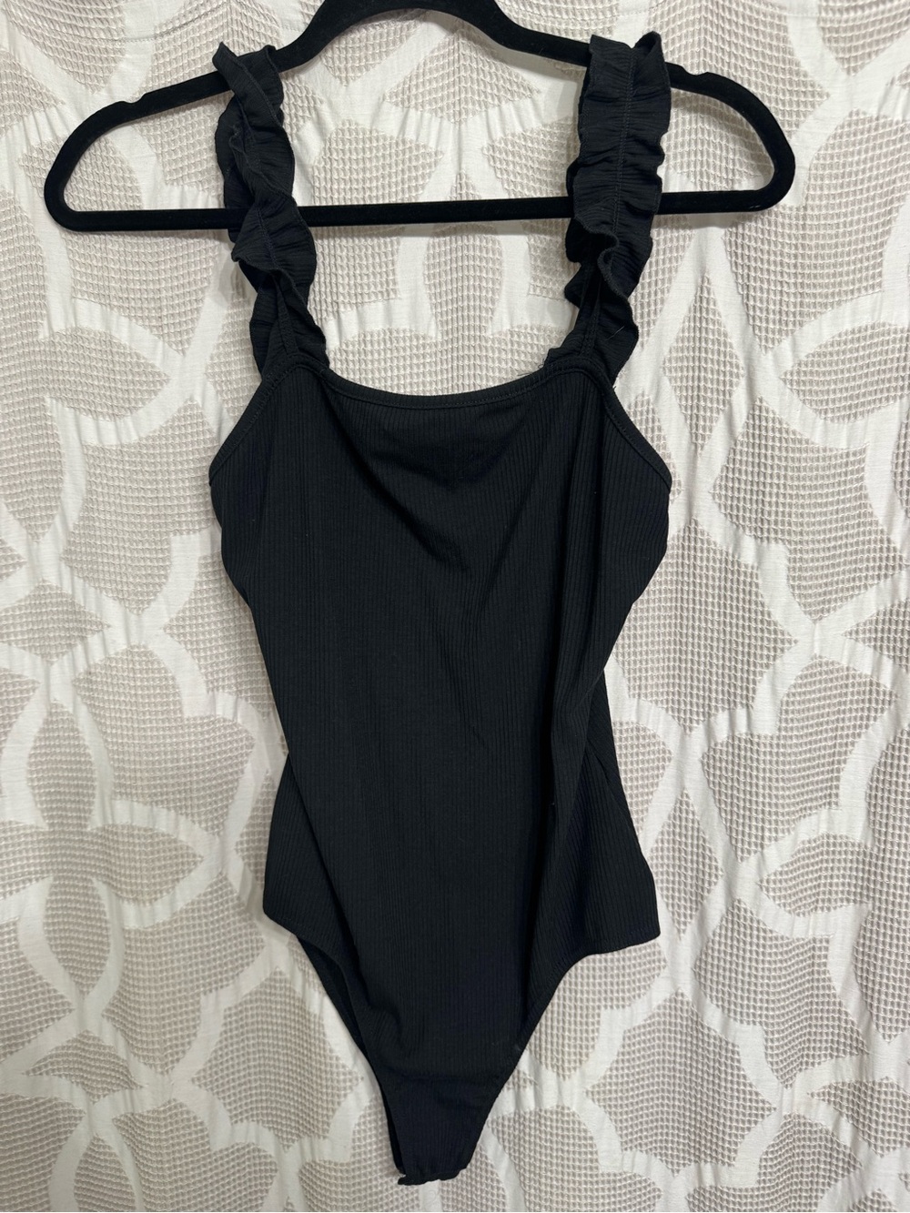 Le Lis Black Ruffled-Strap One-Piece Bodysuit